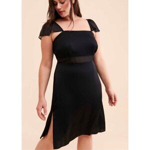 NWT Anthropologie Free People Flutter Sleeve Black Silky Slip Dress w Sheer Back